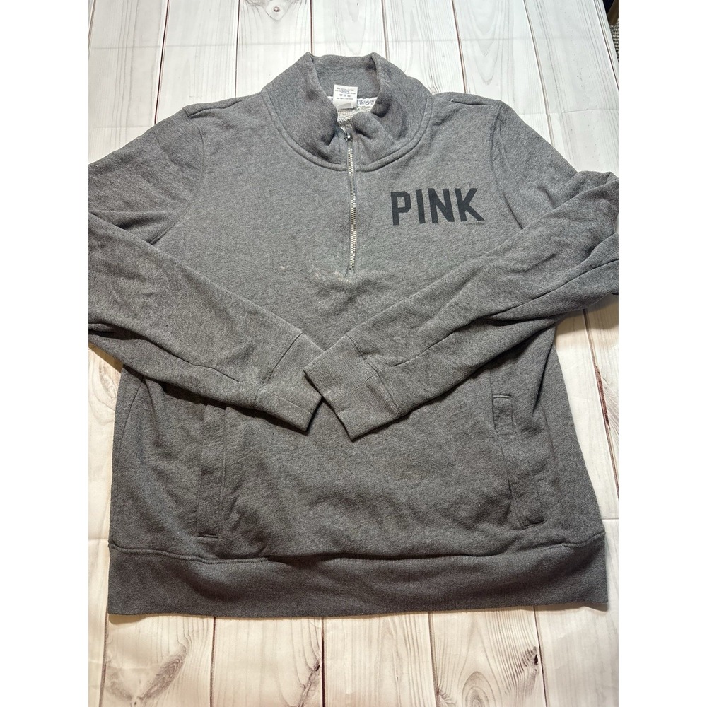 Victoria's Secret PINK Grey Quarter Zip 86 Logo Sweatshirt Women's Size Large